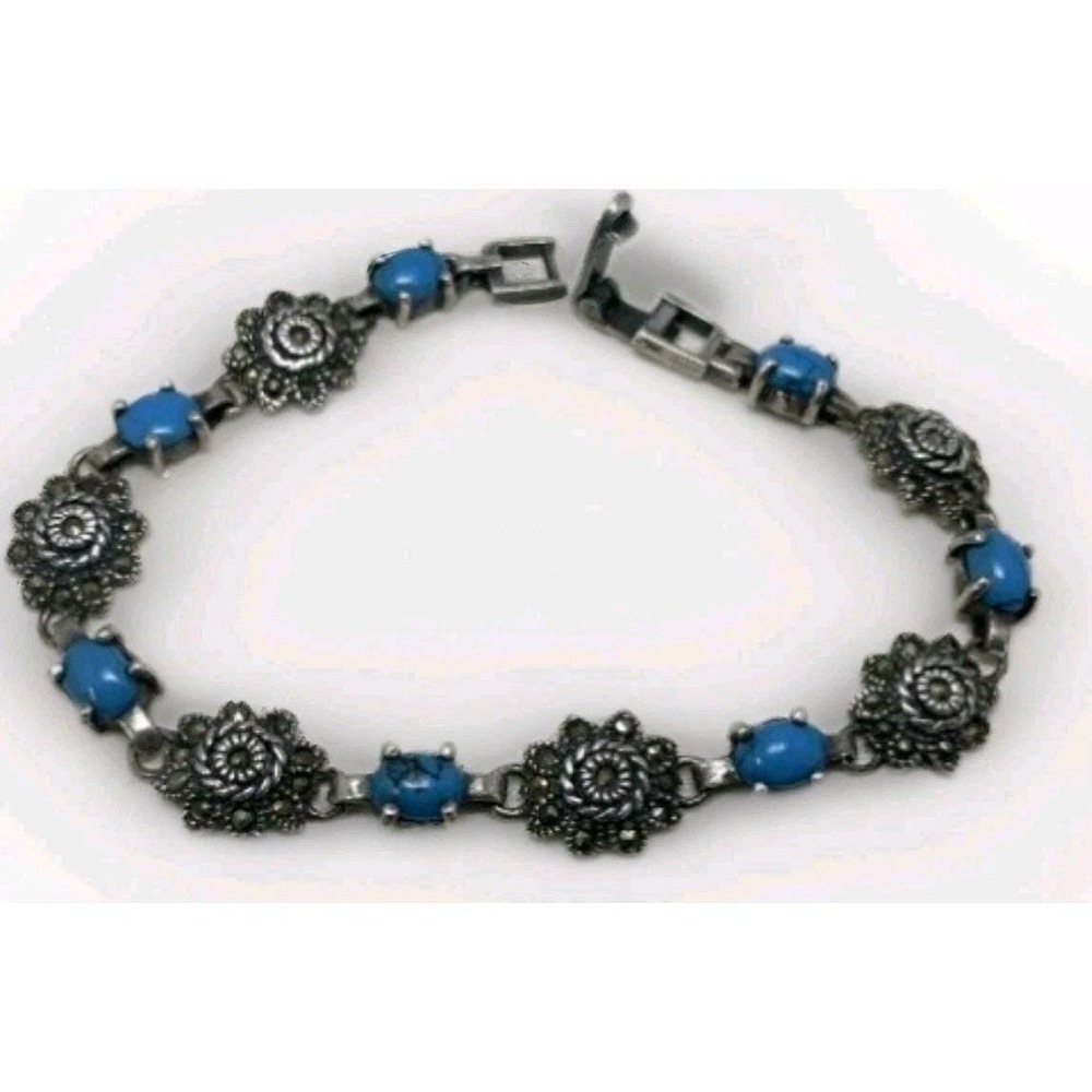Vintage 925 Sterling Silver Turquoise Floral Link Bracelet Southwestern Boho...
